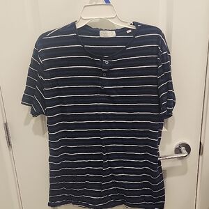 Cotton & Co. Navy Striped Henley Cotton Shirt Mens XXL Casual Buttons